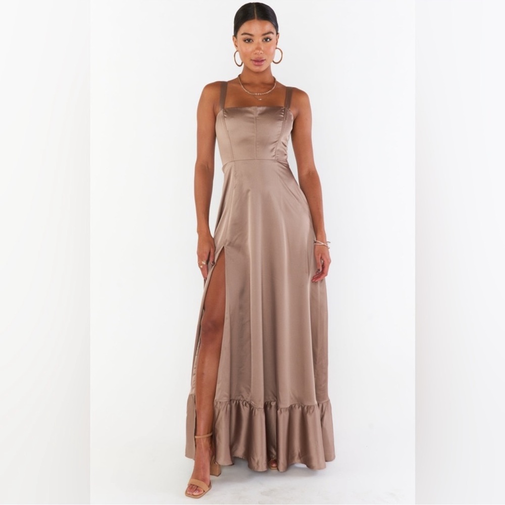 NWOT Show Me Your Mumu Clarissa Corset Dress Size Small in Dune Luxe Satin